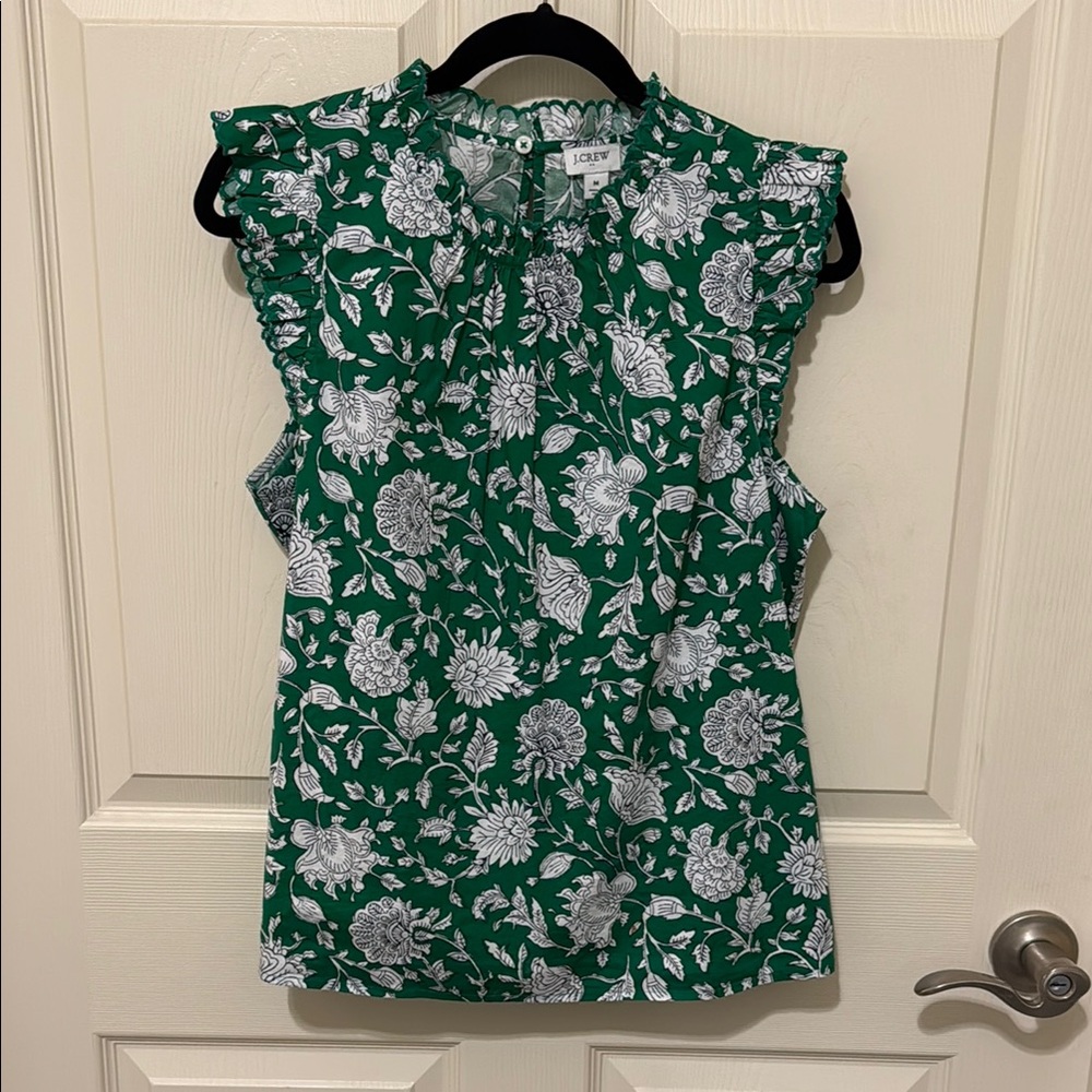 J. Crew Green Ruffled Sleeveless Blouse